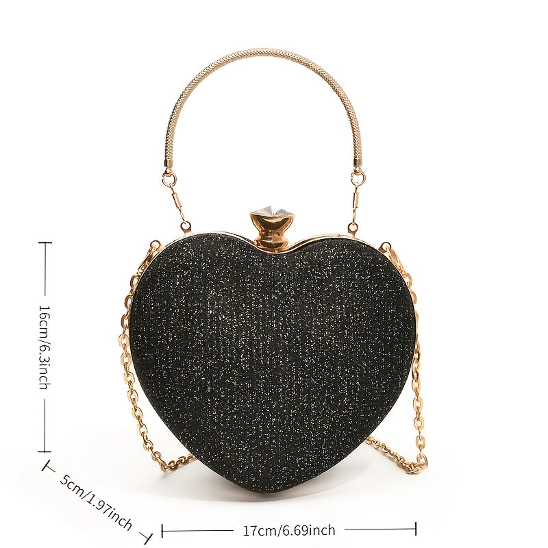 Ladies Fashion Shining Chain Crossbody Bag, Elegant Shoulder Heart Shaped, Metal Embellished, Black, with Buckle Closure, for Party, Wedding, Date